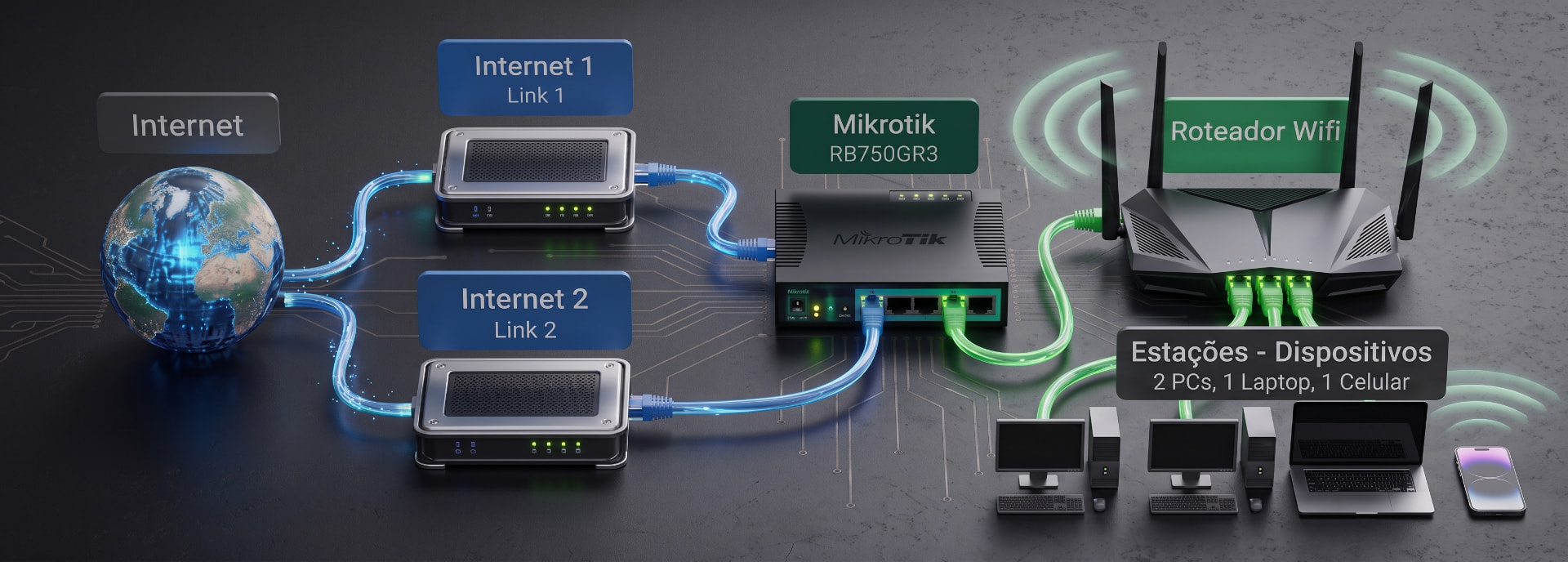 Diagrama de dois links de internet conectados a um roteador central, Wi-Fi e dispositivos da casa ou empresa